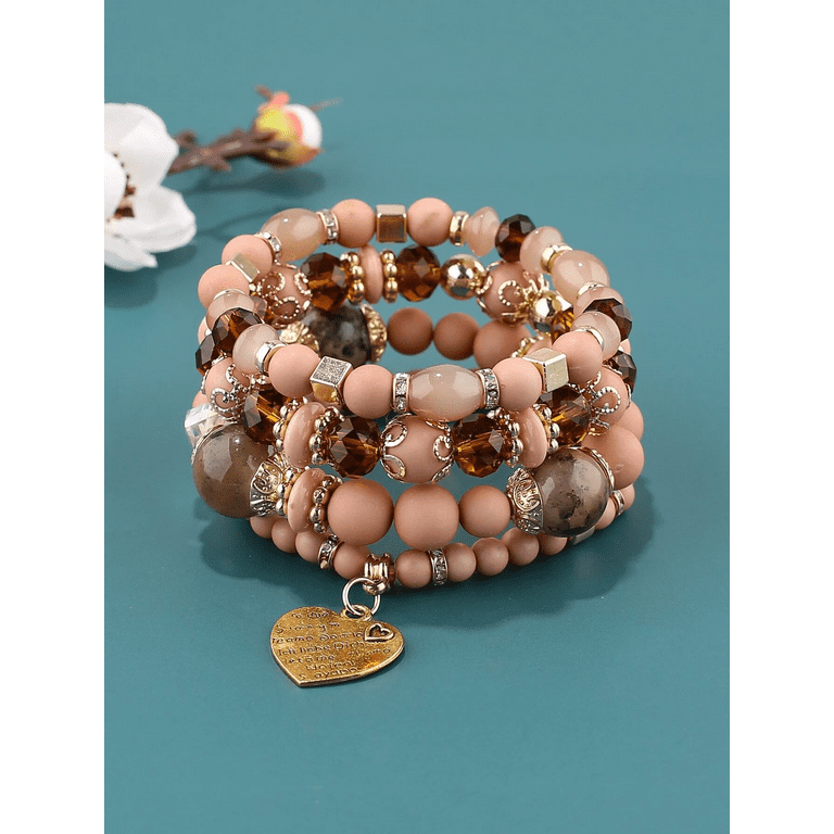 Hotian 4pcs Beaded Bracelet Jewelry Set Multilayer Boho Heart Charm Bracelet Pack for Women and Men Apricot, Men's, Size: One size, Beige