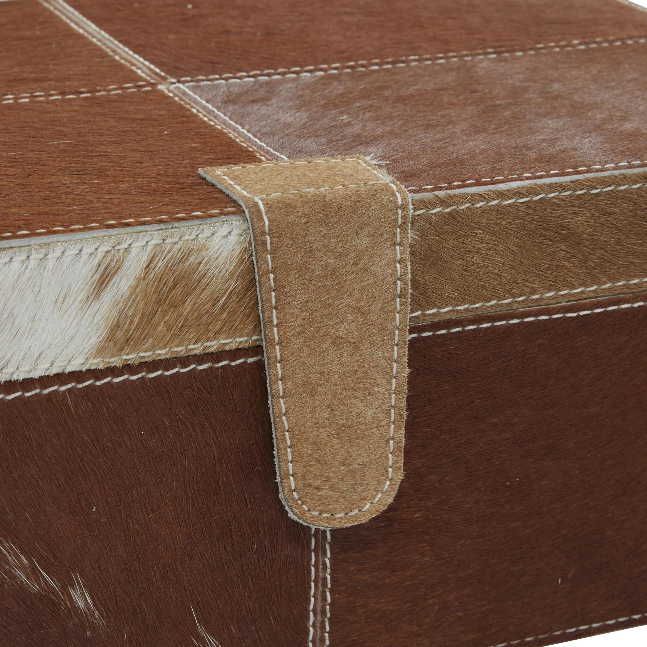 DecMode Handmade Cowhide Brown Leather Decorative Box with Snap Front Closure and Detailed Stitching, 2 Count