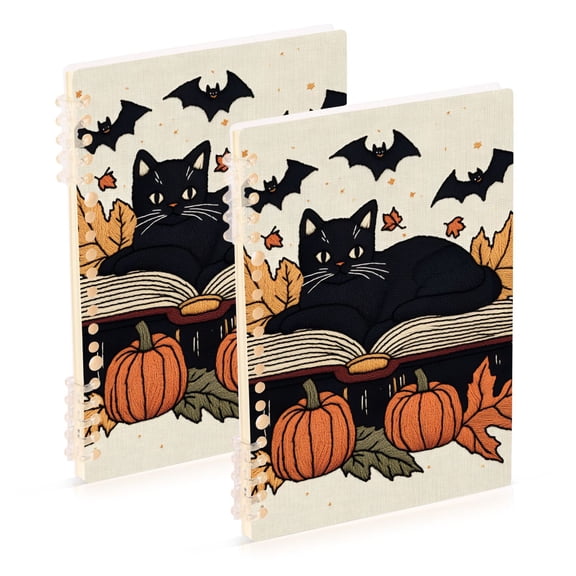 FORMRS 1-Subject Spiral Notebook 8" x 5" College Ruled 60 Refillable Sheet A5 Hard Cover, 2 Pack, Cute Halloween Cat