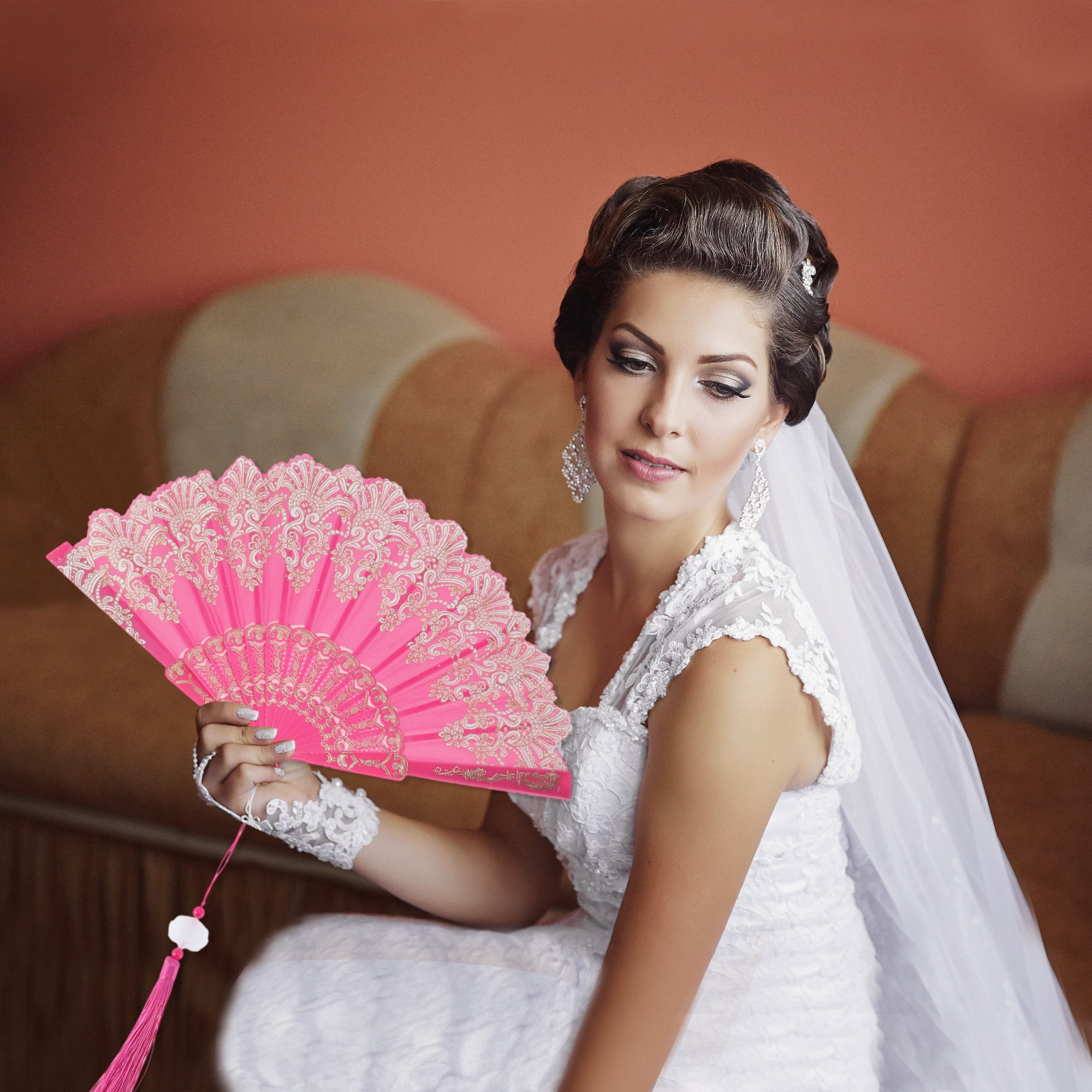 Unique Bargains Lucky Cloud Pattern Folding Fan 1 Pc for Events Decorations Rose Red