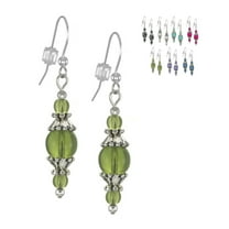 One Pair of Beaded Glass and Pewter Dangle Earrings - .925 Sterling Silver Earwires - Olive Green