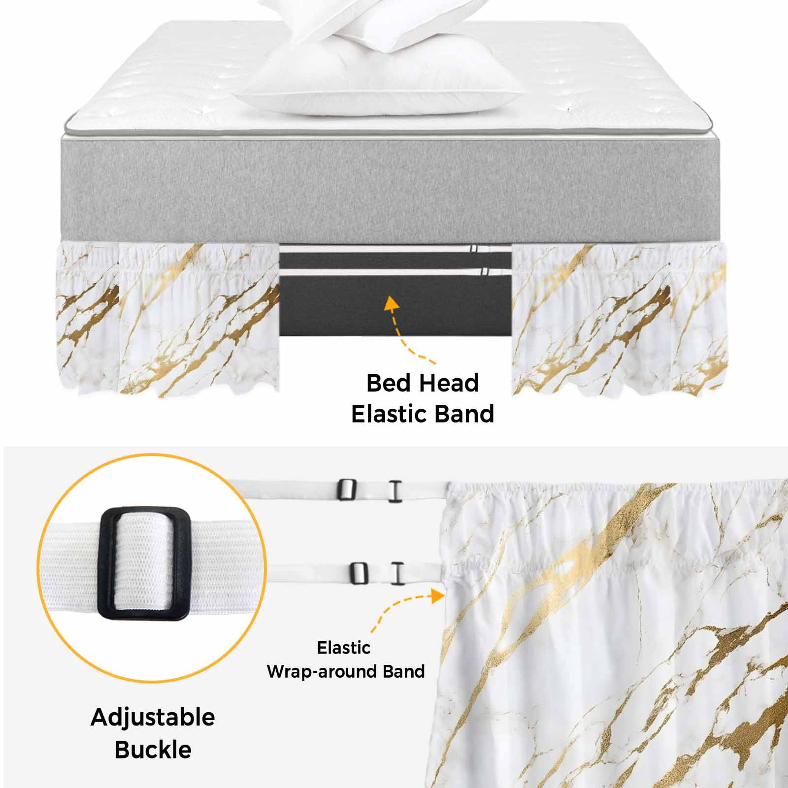 White Gold Modern Bed Skirt Queen Size, Abstract Vintage Marble Geometric Wrap Around Bed Skirting with Adjustable Elastic Strap, Dust Ruffle Pleated Bedskirts 18 Inch Drop for Bedroom Queen Beds
