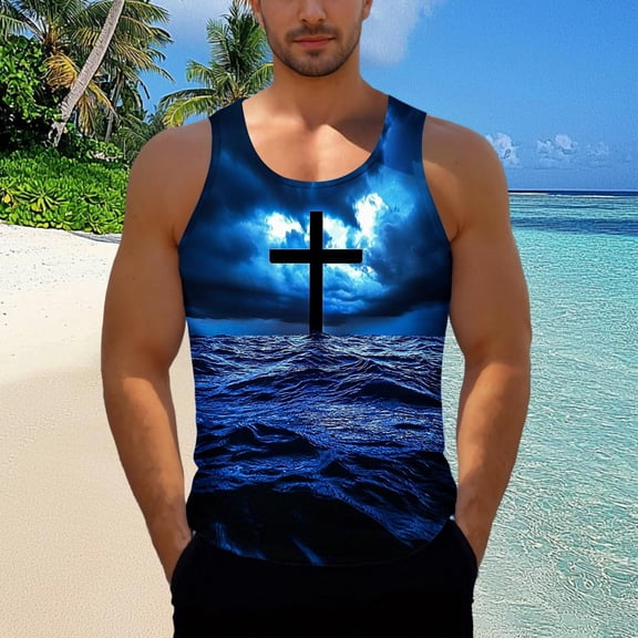UVEASISHA Mens Religious Cross Graphic Sleeveless T Shirt Crew Neck Soft Breathable Tank Top Daily Wear Comfortable Casual Tanks Dark Blue S