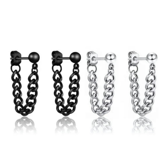 GKNET Punk Rock Silver Black Cuban Link Chain Stud Drop Dangle Earrings Surgical Steel-Black