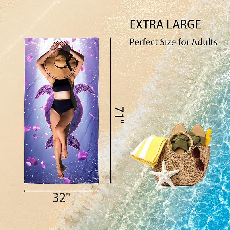 Sea Turtle Flower Oversized Sand Free Beach Towel 71x36IN Lightweight Quick Dry Terry Towel For Travel, Swimming, Pool, And Camping, Absorbent And Compact Beach Essential For Women Men