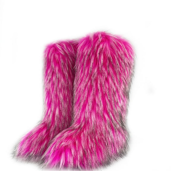 Women's Winter Fluffy Faux Fur Knee High Snow Boots Warm Plush Furry Boots