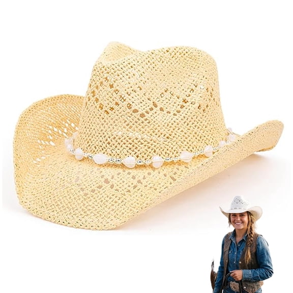 Cowgirl Hats Women, Straw Western Hat with Beaded Hearts Trim & Shapeable Wide Brim for Beach, Rodeo, Parties & Summer Outfits