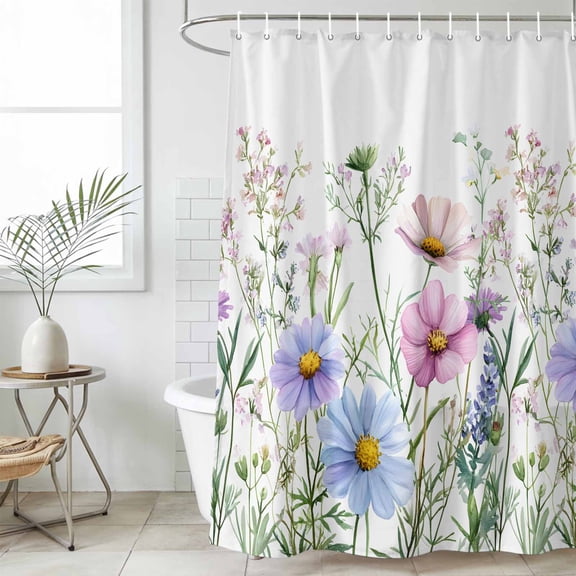 Spring Floral Waterproof Fabric Shower Curtain,Watercolor Herbs Summer Botanical Waterproof Fabric Shower Curtain for Bathroom Curtains Bathtubs Hotel Shower Curtains with 12 Hooks Stall 54x78in