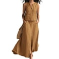 thumbnail image 2 of Summer Skirt Sets Women 2 Piece Outfits Sleeveless Top Elastic Waist Maxi Dress Sets with Pockets Brown L, 2 of 6