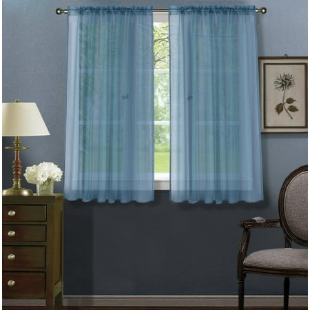 Blue Sheer Panels 2pc Slate Blue Solid Sheer Voile Window Curtain Set, Two (2) Rod Pocket Panels 55