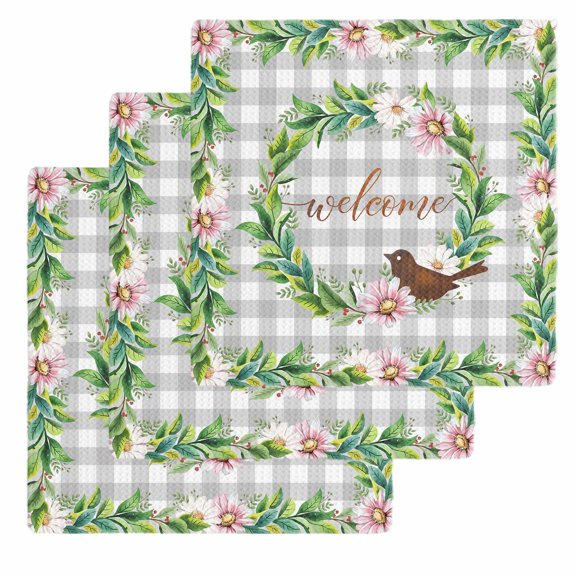 Spring Botanical Kitchen Dish Towels for Drying Dishes Set of 3, Garden Birds Floral Leaves Gray Plaid Waffle Weave Microfiber Hand Tea Bathroom Towels Quick Dry & Absorbent Towel 12x12