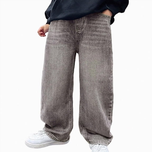 TTUHYWXI Boys Jeans Wide Leg Elastic Waist Denim Pants Loose Fit Trousers Vintage Y2K Streetwear Baggy Jeans for Boys (Grey,9-10 Years)