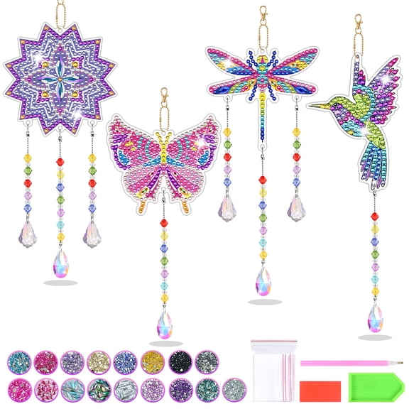 Faburo DIY Diamond Art Wind Chime Kit for Girls – 4 Colorful Acrylic Designs with Birds, Butterflies & Dragonflies, Creative Craft Kit for Ages 5-12, Handmade Hanging Decoration Gift