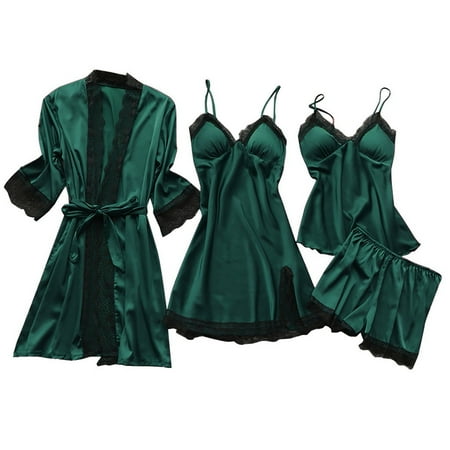 gakvbuo Plus Size Lingerie For Women S Silk Satin Pajamas Nightdress 4 Pieces Floral Lace Cami Top Babydoll Sleepwear Set Lingerie Pajama Set With Kimono Cardigan Robe
