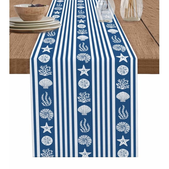ERUNPONLY Navy Blue Striped Coastal Table Runner - 72 Inch Long Nautical Beach Starfish Shell Cotton and Linen Blended Dress Scarves Farmhouse Table Runner for Kitchen Dining, Coffee Table, 18" x 72"