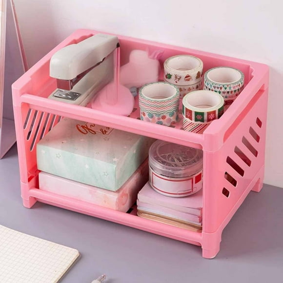 Organizador de escritorio doble | Almacenamiento de plástico de 5 niveles para oficina, escuela y baño | Blanco, rosa y azul | Multicompartimento para papelería, cosméticos y utensilios de cocina
