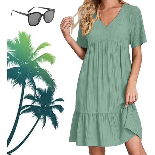 Ropa de mujer retro con cuello en V, vestido fluido de cintura informal suelto de color sólido para mujer, vestidos retro para mujer