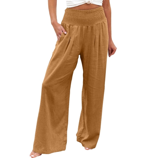 Pantalones anchos de lino de cintura alta para mujer: pantalones palazzo con cintura elástica y bolsillos para la playa/informal (S-XXL)