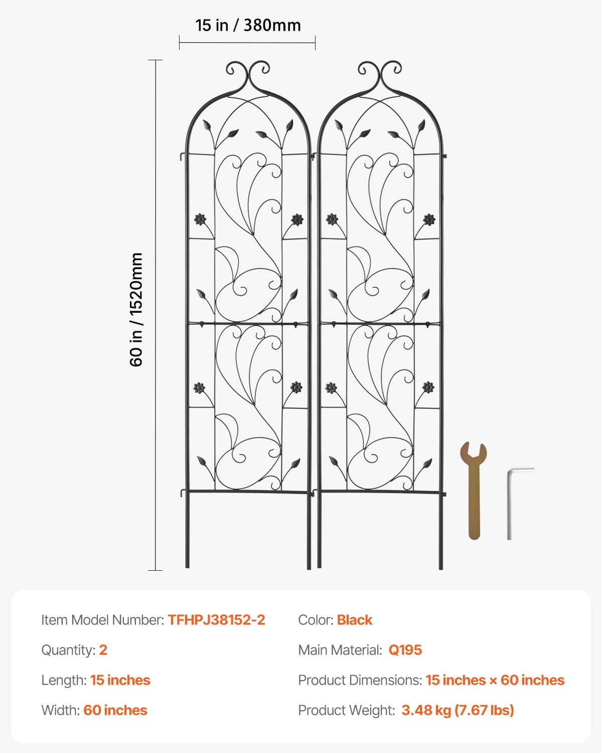 KFFKFF Outdoor Plant Support, 60 x 15 in, Set of 2 Durable Metal Garden Vine Trellis, Ideal for Climbing Roses and Cucumbers, Ornamental Clematis Trellis for Yards and Lawns