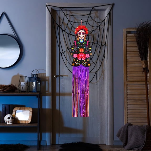 Njoeus Day of The Dead Banner 144x23cm Extra Large Weather Resistant Prestrung for Altar Wall Festival Brings Durable Paper Plastic Laminate Party Decor