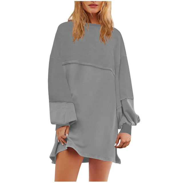 Lovzfmll Robe Fendue Ajustée à Manches Longues et Col Rond pour Femme, Couleur Unie, Gris, 2TG