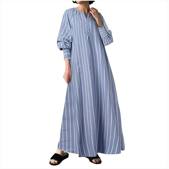 Elainilye Fashion Vacation Dresses for Women Plus Size Casual Loose Long Sleeve Dress V Neck Classic Dress Prom Dress,Blue