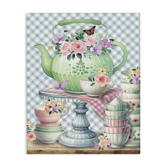 Stupell Industries Tea Kettle on Gingham Food & Beverage Painting Wrapped Canvas Art Print Wall Art, 16 x 20