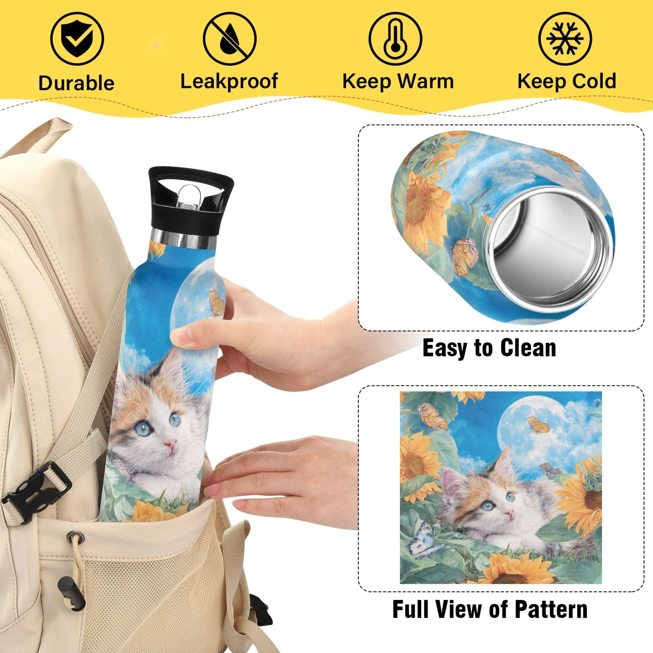 Kids Insulated Stainless Steel Sports Water Bottle 600ml (20oz) Playful Cat Lying Sunflowers