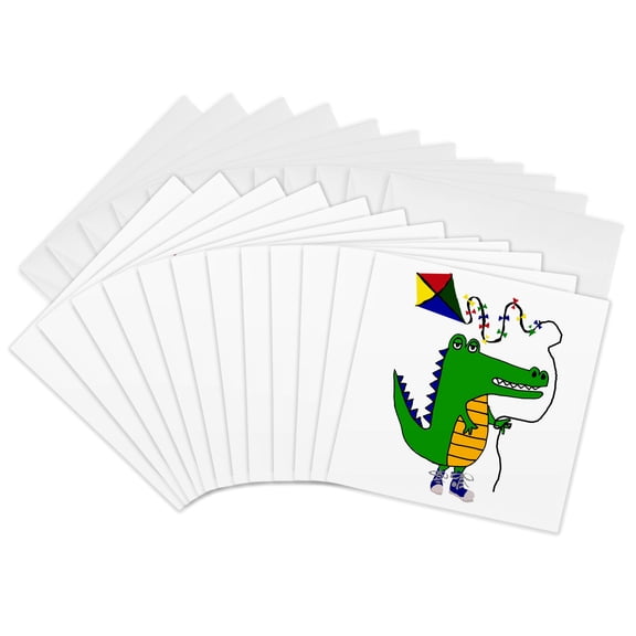 3drose, Cute Funny Alligator or Crocodile Flying Kite Cartoon, 12 Greeting Cards with Envelopes