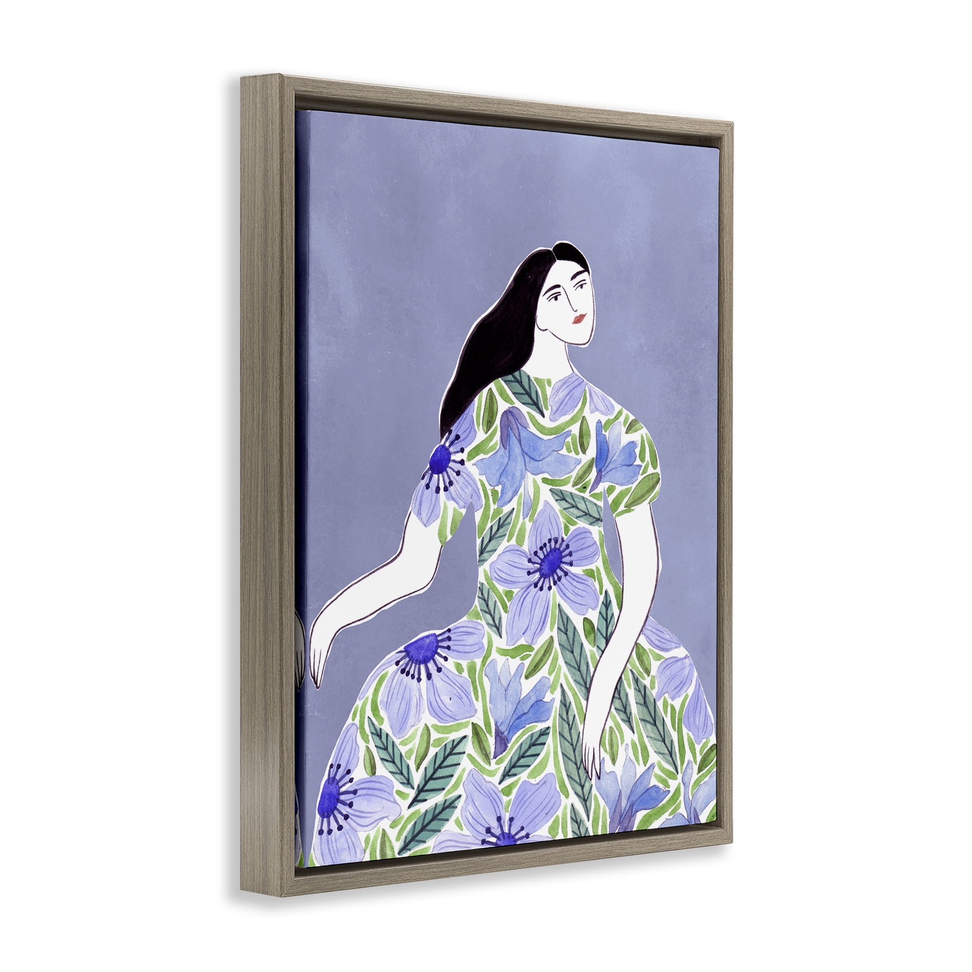 Stupell Industries Woman in Blue Floral Gown People Painting Brown Floater Framed Canvas Art Print Wall Art, 17 x 21