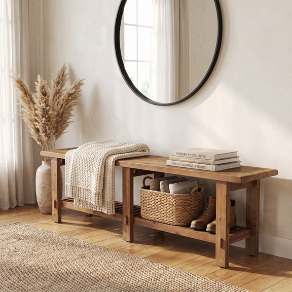 Fnova Solid Wood Bench with Slatted Storage Shelf, 63 Inch Dining Bench for Entryway Bedroom Mudroom