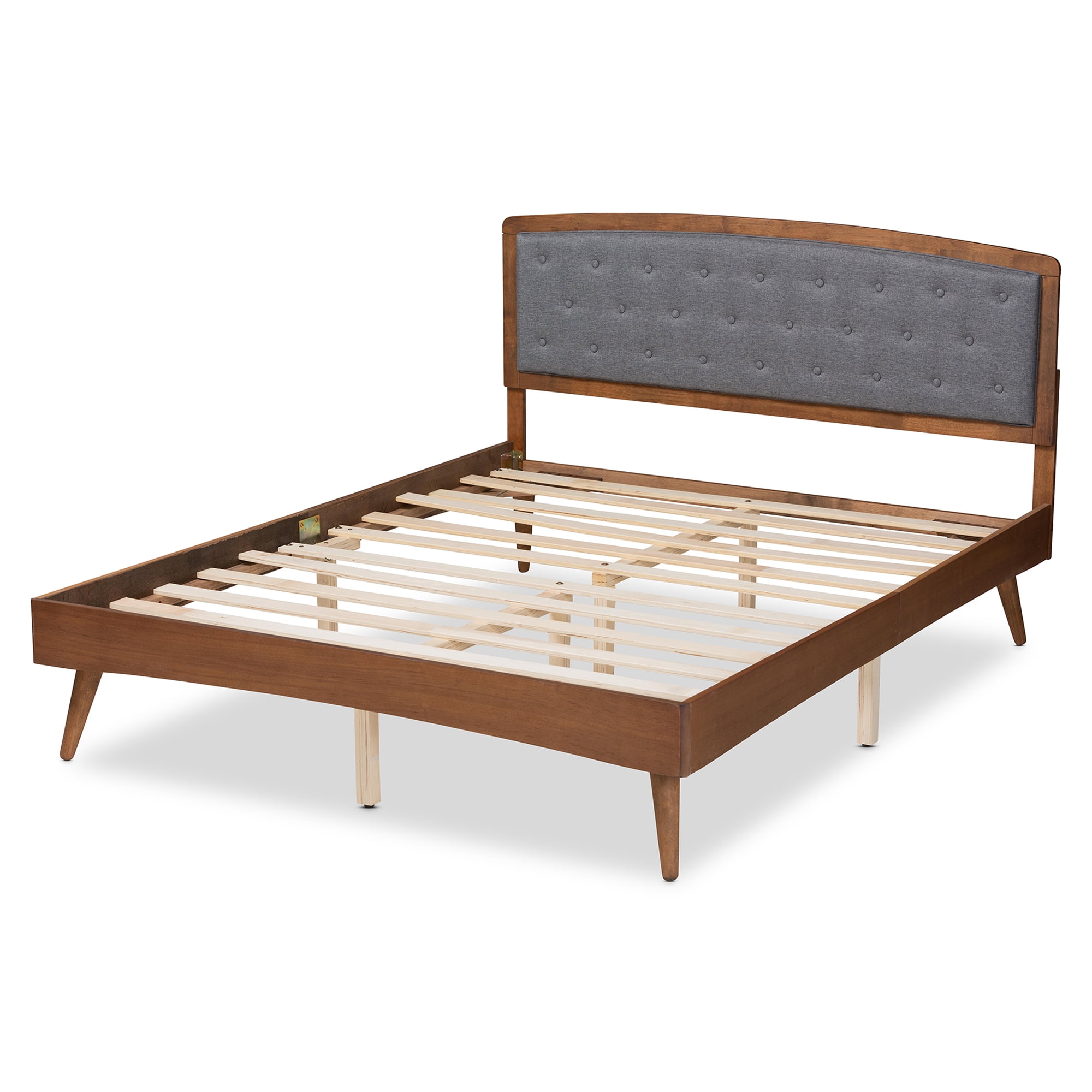 Baxton Studio Ratana Mid-Century Modern Transitional Grey Fabric Upholstered and Walnut Brown Finished Wood, King Size Platform Bed