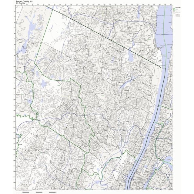 Bergen County, New Jersey NJ ZIP Code Map Not Laminated