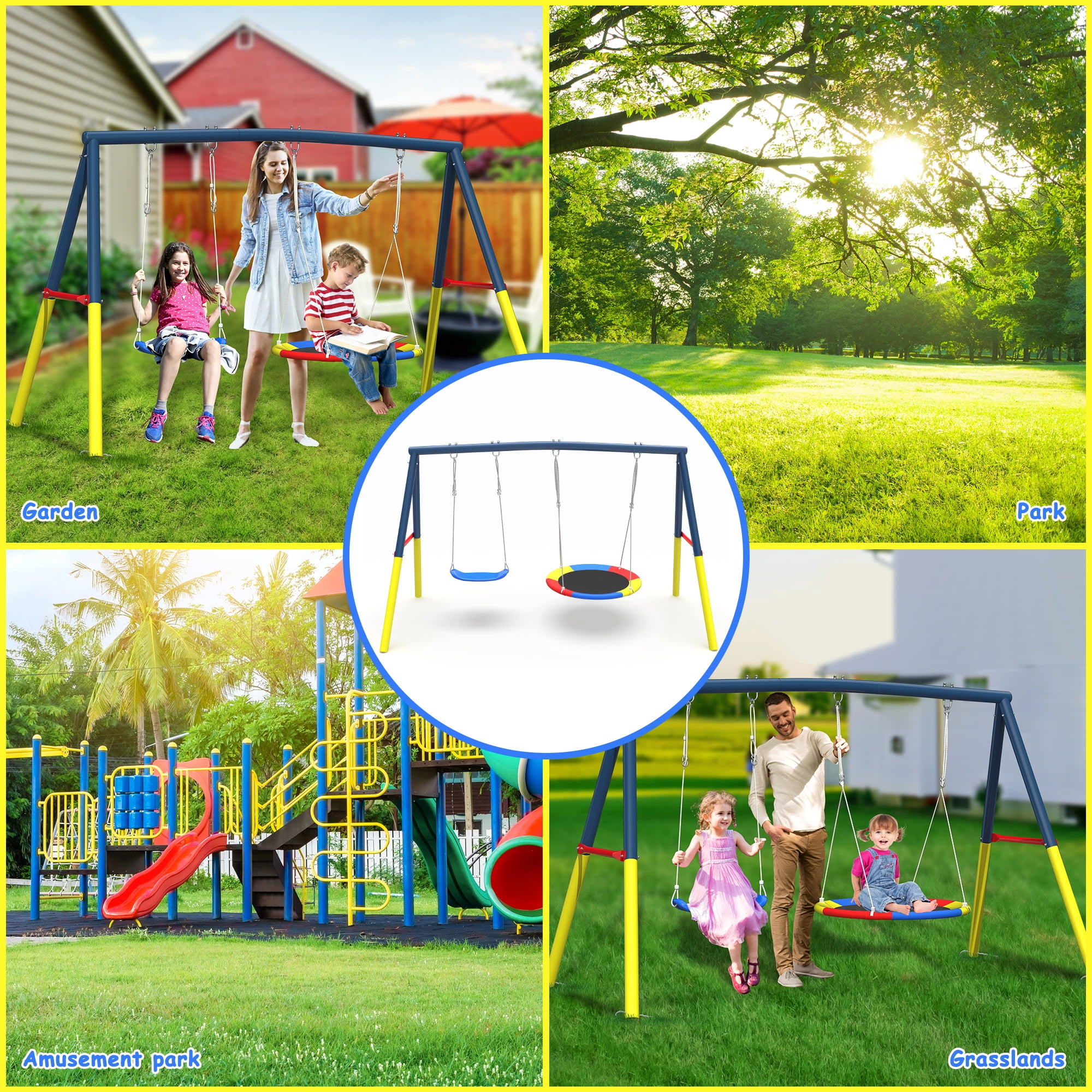 Mersco 2-in-1 Swing Set for Backyard with Stand, Swing Heavy Duty 440lbs Metal Outdoor Swing Stand, Contain 1 Saucer 32" and 1 Belt Seat 26.2" for Playground, Backyard Playset