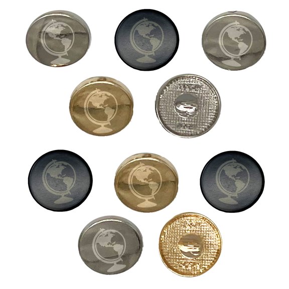 Explorer World Globe of Planet Earth Set of 10 Metal 0.6" (15mm) Sewing Shank Round Buttons - Silver Color