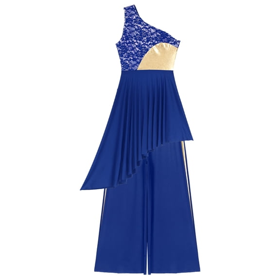 Miutii Women Praise Worship Dance Outfit One Shoulder Dress With Wide-leg Pants Liturgical Dancewear Blue XXL