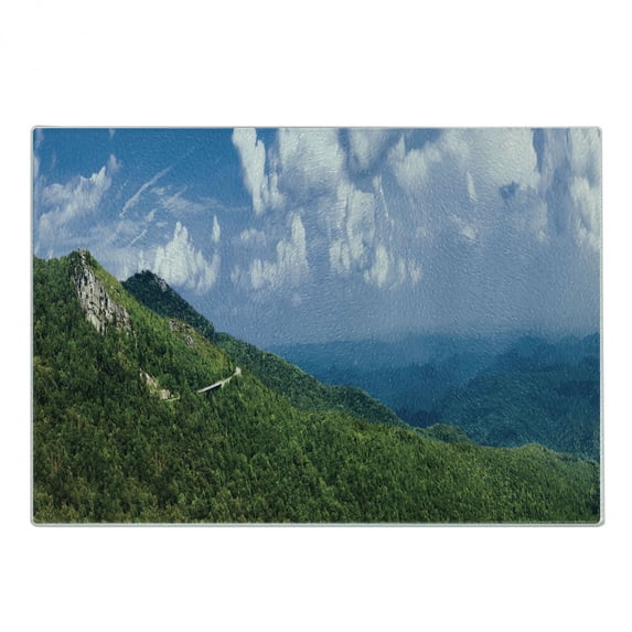 Appalachian Cutting Board, Panorama Photography with Blue Ridge Parkway in North Carolina, Decorative Tempered Glass Cutting and Serving Board, in 3 Sizes, by Ambesonne