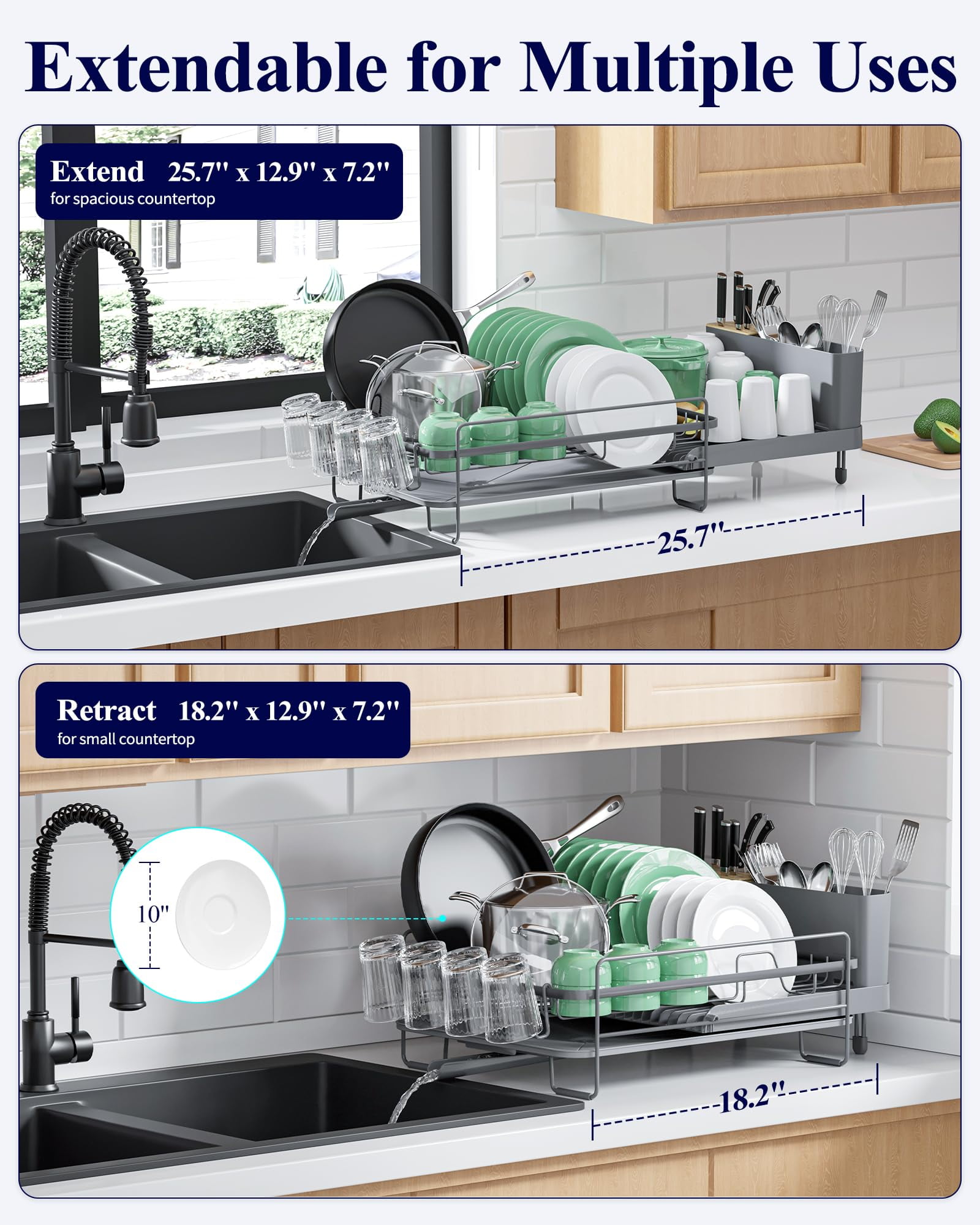 Large Dish Drying Rack with Extendable Tray, Multi-Functional Drainboard for Plates, Cups, and Utensils, Compact Storage Solution, Grey