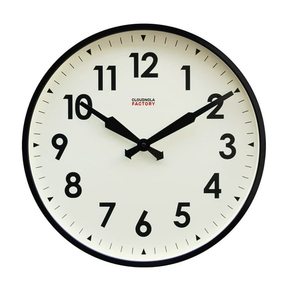 Cloudnola Station Metal Wall Clock, Black and White, 18 inch Diameter, Silent Non Ticking, Battery Operated Quartz Movement