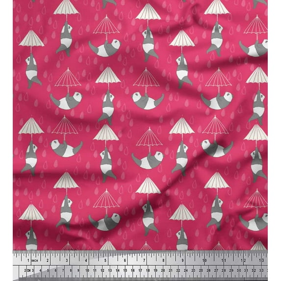 Soimoi Poly Georgette Fabric Raindrops,Umbrella & Panda Kids Print Fabric by The Yard 42 Inch Wide
