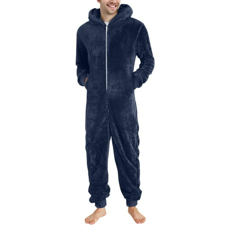 Divhosrg Mens Fuzzy Jumpsuit One Piece Zip Up Pajamas Loose Fit Plus Size Jumpsuits Winter Soft Plush Fleece Cozy Loungewear Dark Blue S