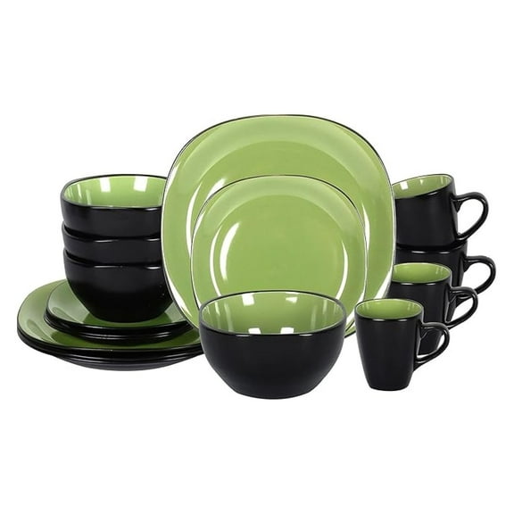 Square Dinnerware Set, 16pc Stoneware - Service for 4, Green & Black