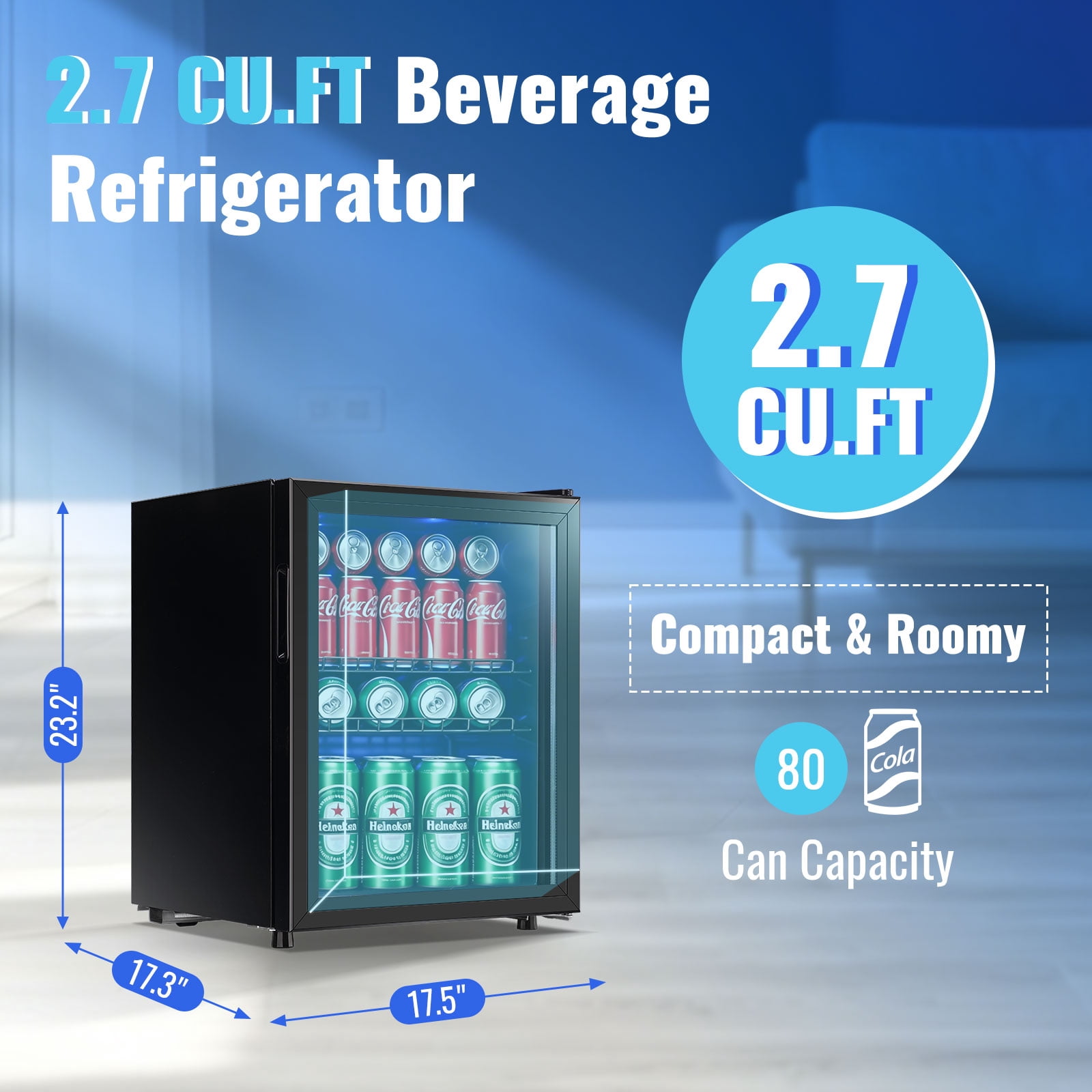 WANAI 88 Can Beverage Fridge & Cooler Small Mini Fridge Glass Door for Soda Beer or Wine for Home&Bar