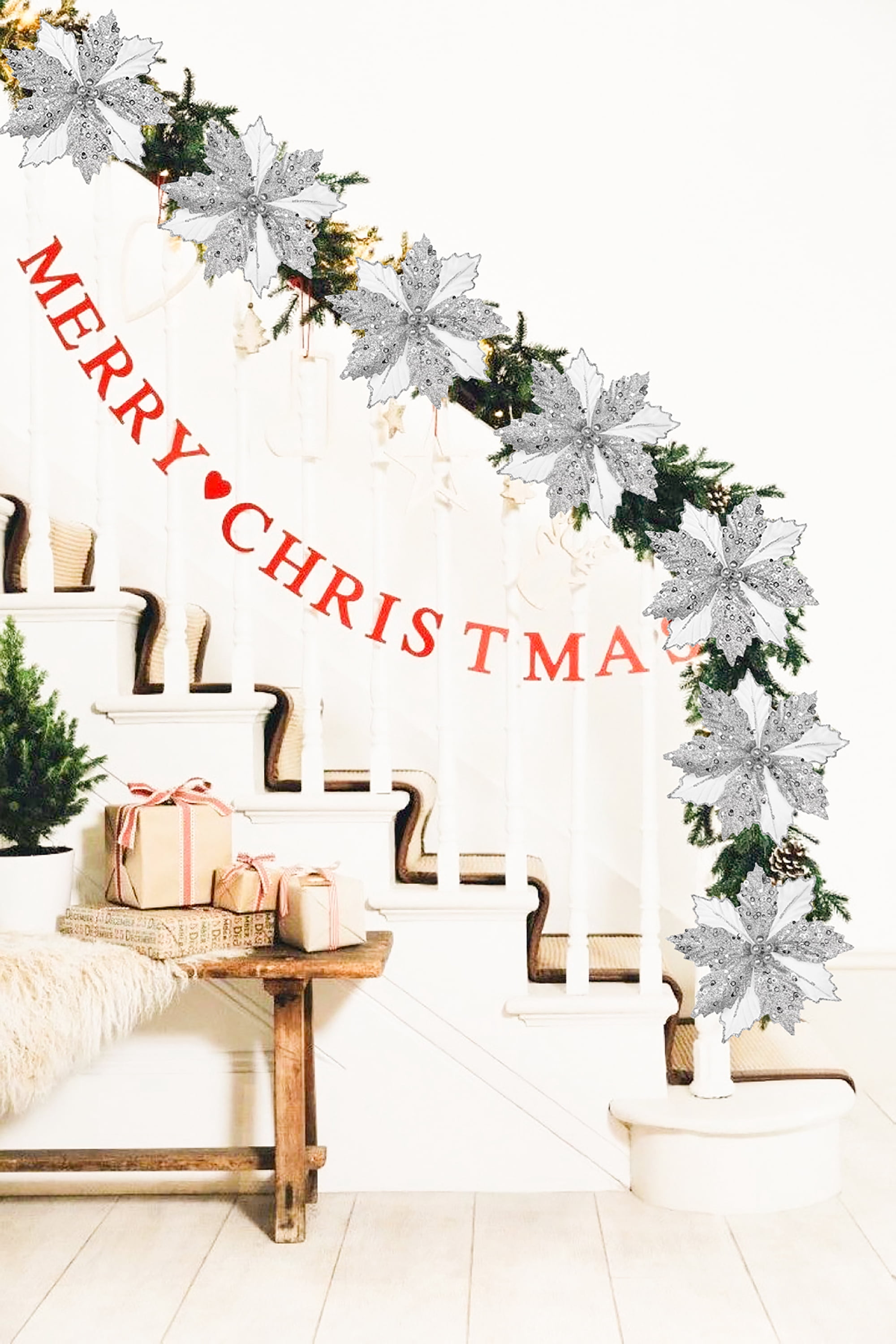 8PCS Christmas Poinsettia Flowers Glitter Decorations Flowers with Clips Ornaments for Christmas Tree Wreath Garland, Silver
