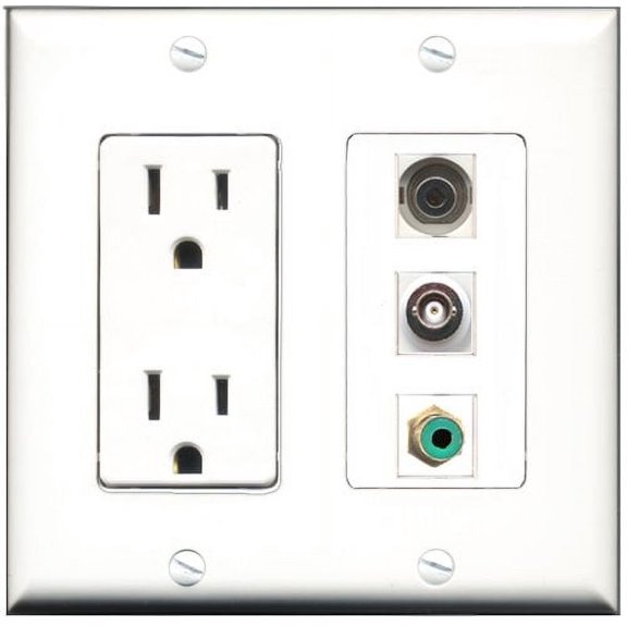 RiteAV - 15 Amp Power Outlet 1 Port RCA Green 1 Port 3.5mm 1 Port BNC Decorative Wall Plate