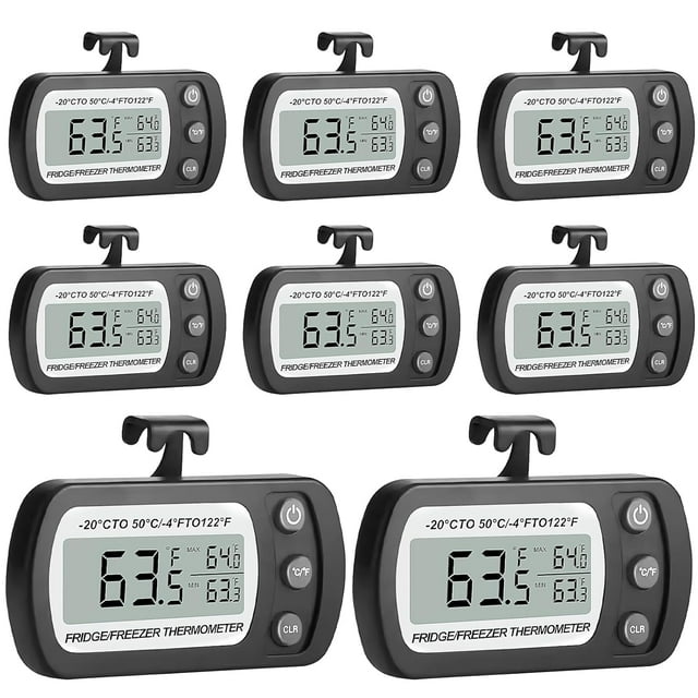 8 Pack Refrigerator Thermometer, Digital Freezer Thermometer Small Black Fridge Thermometer, Waterproof Thermometer with Hook for Kitchen Home, LCD Display, ℃/℉ Switch, Max/Min Record