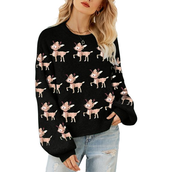 Women's Christmas-Themed Loose-Fitting Long-Sleeved Pullover Knit Sweater with Deer Print for Casual Holiday Wear,Black,L