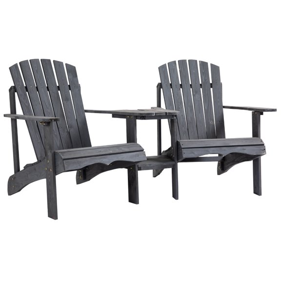 Homiyad Wooden Adirondack Chairs Set of 2 Outdoor Double Seat w/ Center Table Umbrella Hole Patio Backyard Deck Grey | Aosom.com