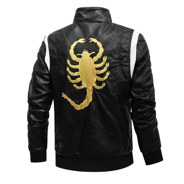 2021 nueva chaqueta de cuero de primavera para hombre, chaqueta de motocicleta con bordado de escorpión con capucha extraíble, chaquetas de cuero ajustadas para hombre AIOPESON Chaqueta de poliuretano