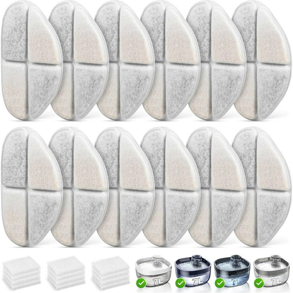 12 Packs Replacement Filters and 12 Packs Pump Sponges for FEELNEEDY 7L/1.8Gal Dog Water Fountain (FN-W05)